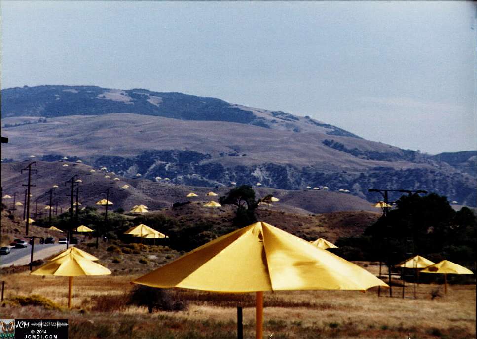 1760 Giant Yellow Umbrella Art Exhibit in Gorman California by Christo Javacheff of Bulgaria, October 1991. JCMDI.COM
